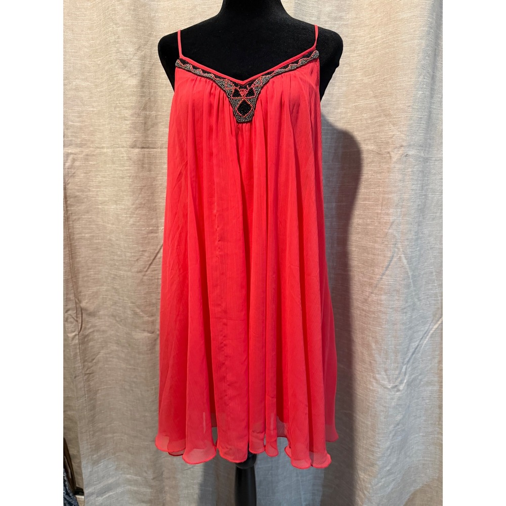 Express Coral Pink Beaded V-Neck Chiffon Mini Dress Women Medium Sleeveless Boho